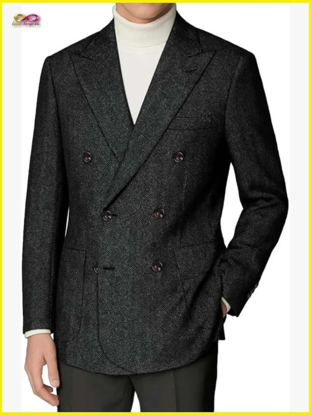 Retro Herringbone Tweed Blazer Slim Fit Double Breasted Sport Coat Wool Blend
